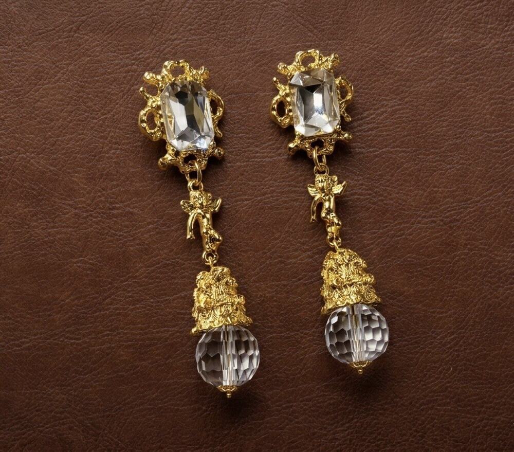 Angel Museum Cherub Earrings Crystal VTG Gold Baroque Stud Molten Cottagecore CZ